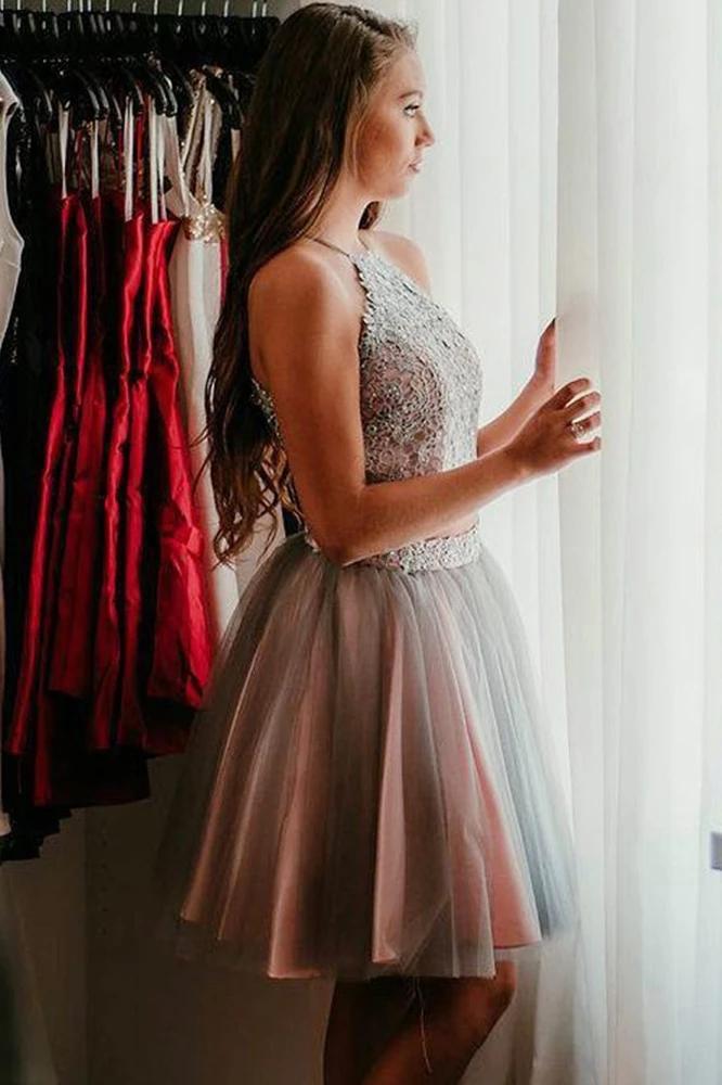 Two Pieces Knee Length Halter Tulle Homecoming Dresses with Lace Appliques UQ1985