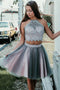 Two Pieces Knee Length Halter Tulle Homecoming Dresses with Lace Appliques UQ1985