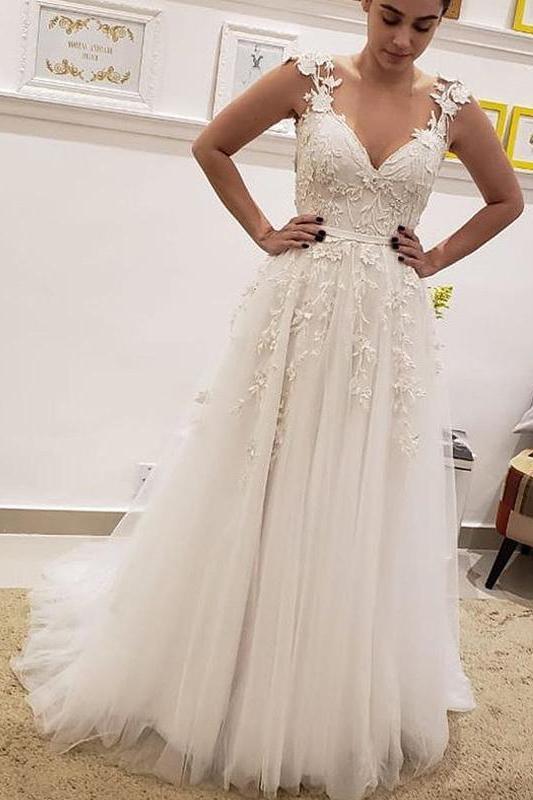 Simple Tulle Lace Illusion Back A-Line Wedding Dresses, A Line V Neck Bridal Dress N1792