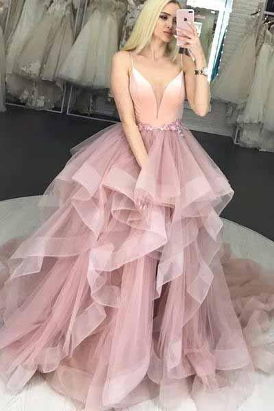 Spaghetti Strap V Neck Puffy Long Prom Dresses, Unique Long Party Dress with Ruffles UQ1757