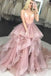 Spaghetti Strap V Neck Puffy Long Prom Dresses, Unique Long Party Dress with Ruffles N1757