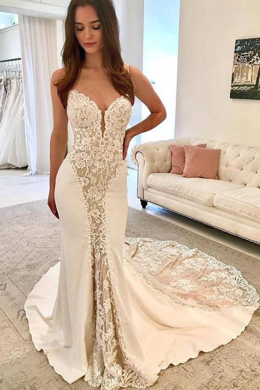 Ivory Satin Gorgeous Lace Spaghetti Strap Vintage Mermaid Wedding Dres cherishgirls Ivory Satin Gorgeous Lace Spaghetti Strap Vintage Mermaid Wedding Dres cherishgirls