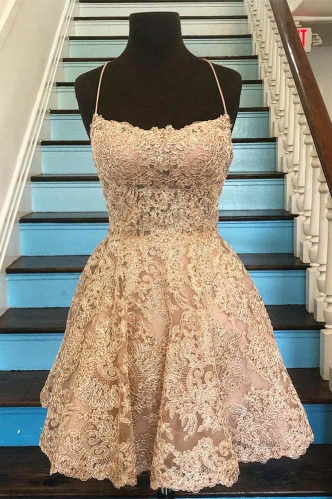 Newest Spaghetti Straps V-neck Homecoming Dresses, Sexy Lace Short Prom Dresses N1874
