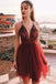 Burgundy Deep V Neck Tulle Homecoming Dress with Sequins, A Line Graduation Dress UQ1966