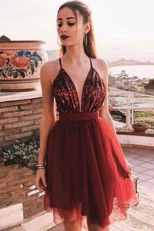 Burgundy Deep V Neck Tulle Homecoming Dress with Sequins, A Line Gradu cherishgirls Burgundy Deep V Neck Tulle Homecoming Dress with Sequins, A Line Gradu cherishgirls