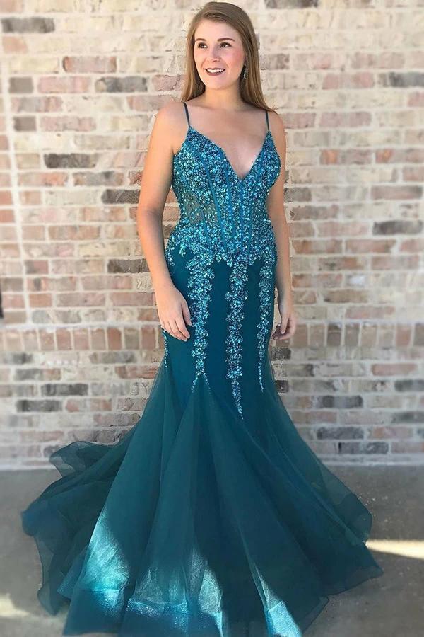Spaghetti Straps Sweep Train Tulle Prom Dress with Beading, Mermaid Dark Green Formal Dress N2563