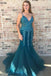 Spaghetti Straps Sweep Train Tulle Prom Dress with Beading, Mermaid Dark Green Formal Dress N2563