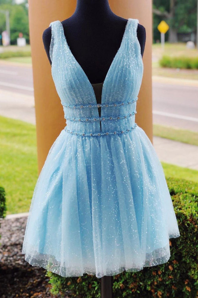 Shiny Beading Sky Blue Homecoming Dress with Sequins, Deep V Neck Grad cherishgirls Shiny Beading Sky Blue Homecoming Dress with Sequins, Deep V Neck Grad cherishgirls