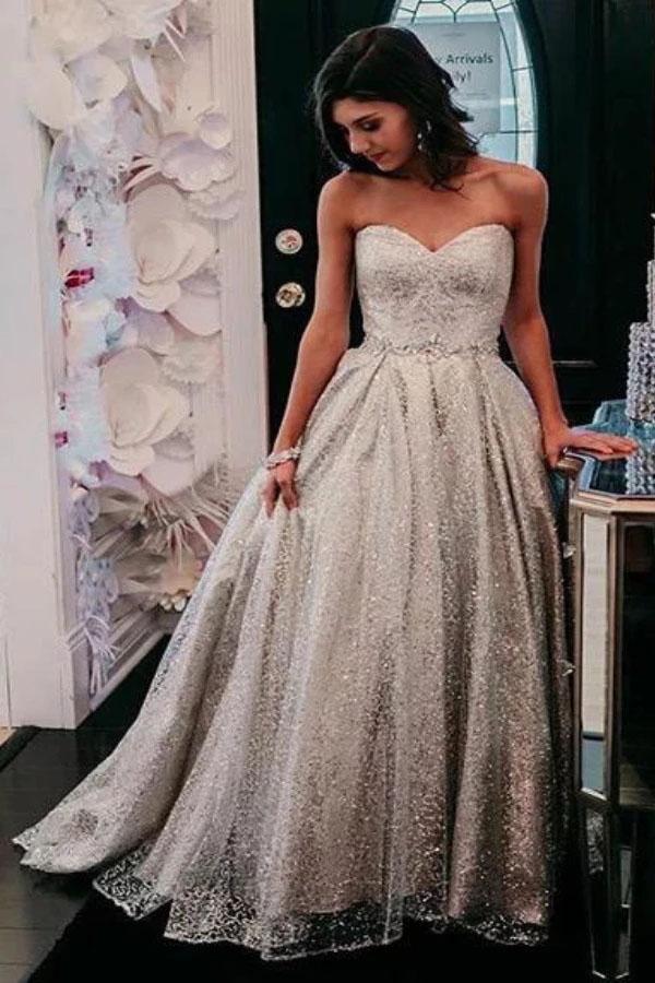Shiny Cheap Sweetheart Silver Prom Dresses, Floor Length Strapless Long Evening Dress UQ2407