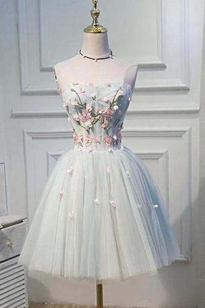 Strapless Homecoming Dress Flower Applique Short Tulle Graduation Dress N1945
