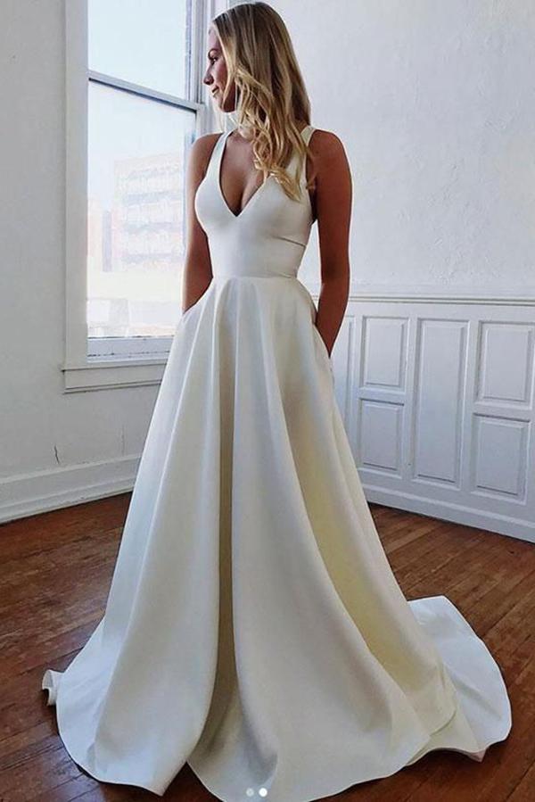 Charming Straps Bow Sleeveless A-Line Bridal Dresses, Simple Bow Back Wedding Dresses N1994