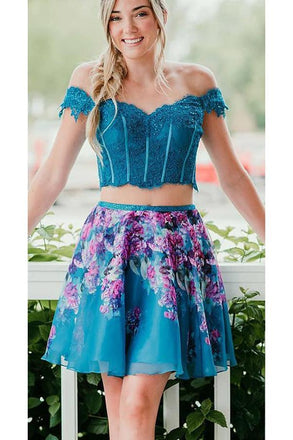 Two Piece Turquoise Off Shoulder Beading Lace Floral Homecoming Dresses UQ1807