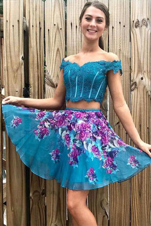 Two Piece Turquoise Off Shoulder Beading Lace Floral Homecoming Dresses N1807