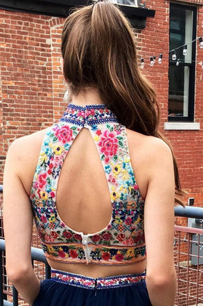 Navy Blue Two Piece Embroidery High Neck Open Back Sleeveless Tulle Homecoming Dresses UQ1823