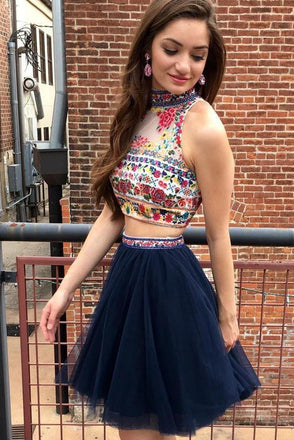 Navy Blue Two Piece Embroidery High Neck Open Back Sleeveless Tulle Homecoming Dresses N1823