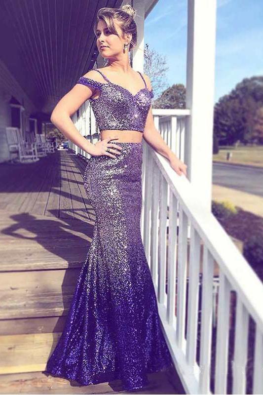 Spaghetti Straps Long Ombre Purple Sequined Prom Dresses, Two Piece Formal Dress UQ1695