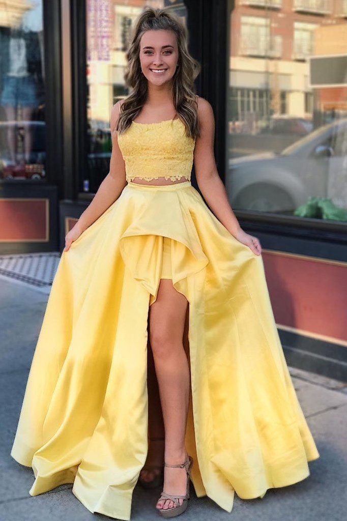 Two Pieces High Low Lace Yellow Prom Dresses, Two Piece Long Formal Dr cherishgirls Two Pieces High Low Lace Yellow Prom Dresses, Two Piece Long Formal Dr cherishgirls
