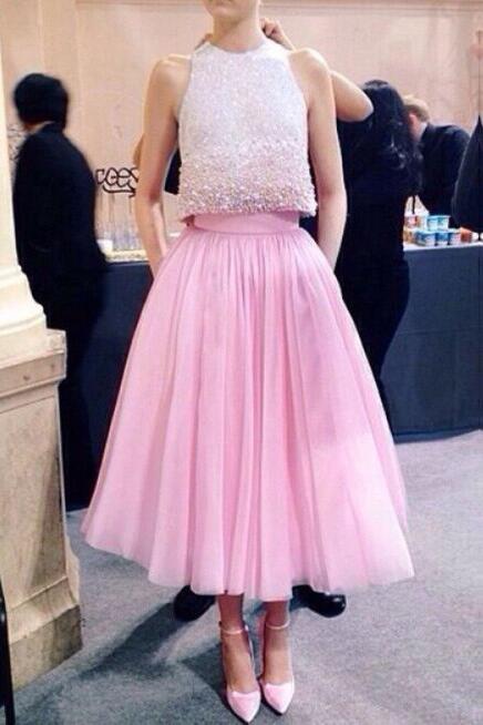 Two Piece Pink Jewel Tulle Tea Length Homecoming Dress, A Line Sleeveless Tulle Dress UQ1915