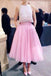 Two Piece Pink Jewel Tulle Tea Length Homecoming Dress, A Line Sleeveless Tulle Dress UQ1915