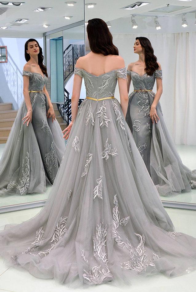 A-Line Appliques Off-the-Shoulder Gray Evening Dress With Sashes, Long Tulle Prom Dress UQ1833