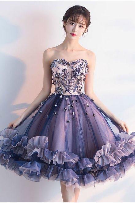 Puffy Sweetheart Tulle Homecoming Dress with Ruffles Appliqued Knee Length Prom Dress UQ1873