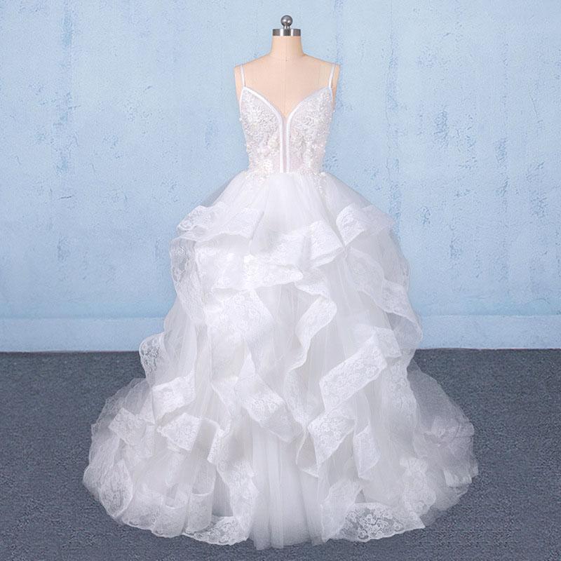 Spaghetti Straps Floor Length Tulle Wedding Dress with Ruffles, Long Bridal Dress UQ2347