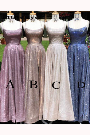 Sparkly A Line Prom Dresses, Spaghetti Straps Split Evening Dresses chp0007