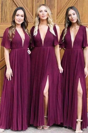 Simple Deep V Neck Short Sleeve Side Slit Long Bridesmaid Dresses with Pleats N2072