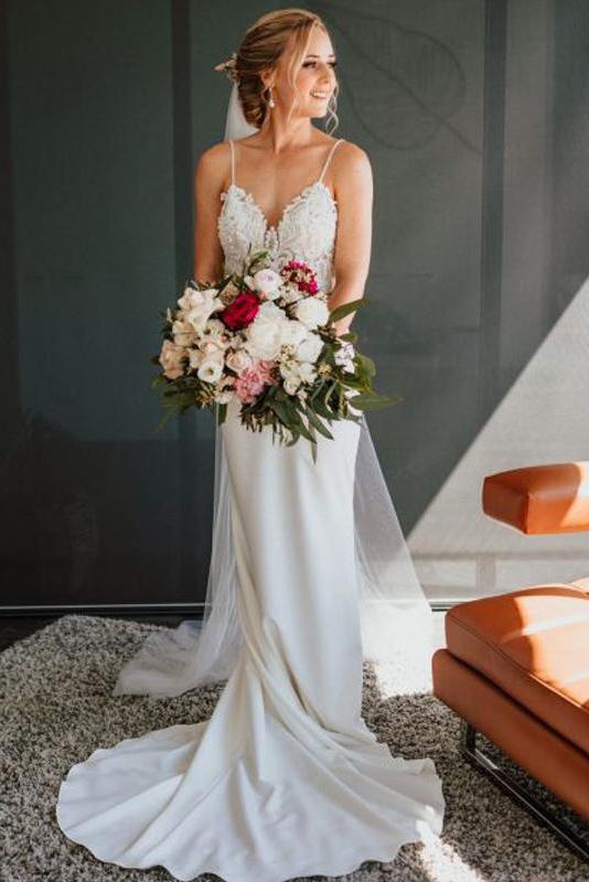 Vintage Lace Top Spaghetti Strap Backless Long Wedding Dresses, Cheap Bridal Dresses N1774