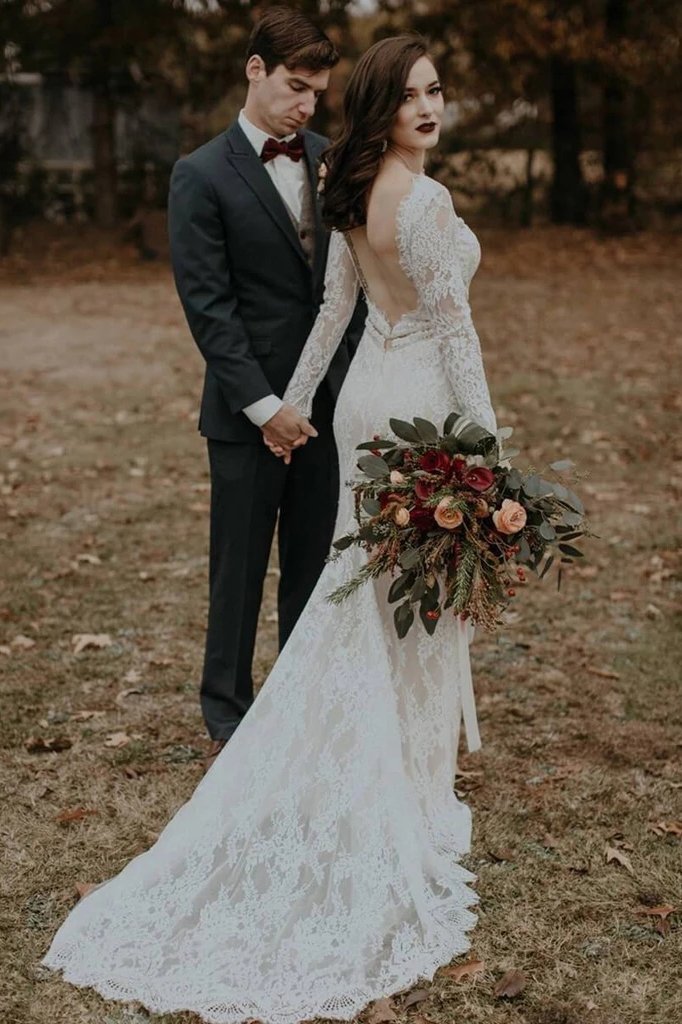 Vintage Long Sleeves Lace Wedding Dresses Backless Rustic Lace Wedding cherishgirls Vintage Long Sleeves Lace Wedding Dresses Backless Rustic Lace Wedding cherishgirls