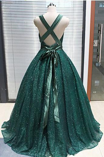 Sparkly A-Line V Neck Dark Green Sequined Long Prom Dresses Evening Party Dresses CHP0064