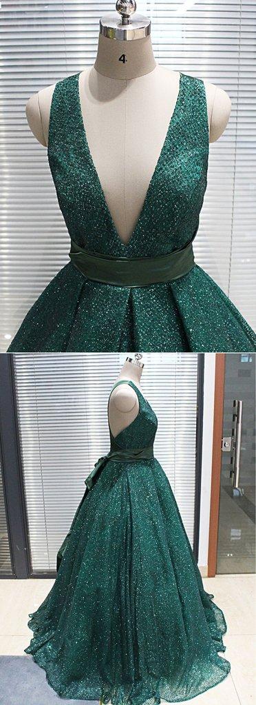 Sparkly A-Line V Neck Dark Green Sequined Long Prom Dresses Evening Party Dresses CHP0064
