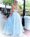 Stunning A-line Strapless Sky Blue Lace Beaded Long Prom Dresses Evening Dress chp0042