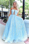 Stunning A-line Strapless Sky Blue Lace Beaded Long Prom Dresses Evening Dress chp0042