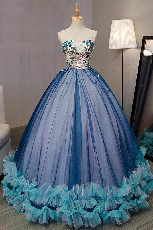 Blue Ball Gown V Neck Sleeveless Appliqued Tulle Prom Dress, Hot Quinceanera Dresses N2538