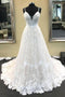 White V Neck Sleeveless Wedding Dress, A Line Long Lace Bridal Dresses UQ2432