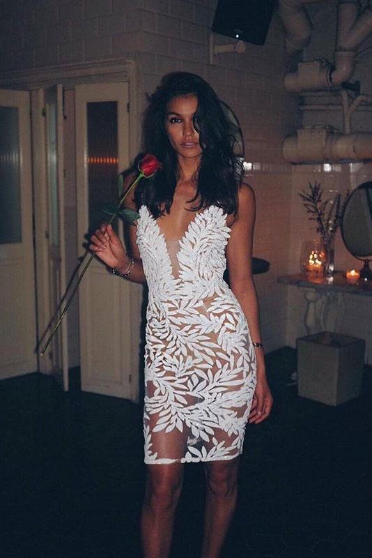 White Mini Lace Homecoming Dresses, Sexy Sheath Mini Dress, V Neck Sho cherishgirls White Mini Lace Homecoming Dresses, Sexy Sheath Mini Dress, V Neck Sho cherishgirls