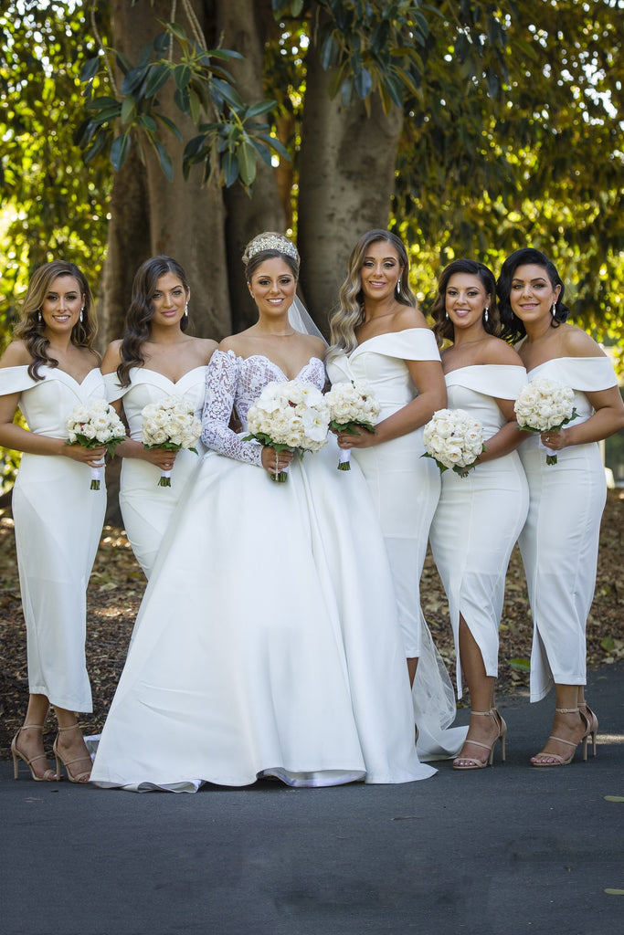 White Off Shoulder Bridesmaid Dresses Simple Tea-Length Wedding Party cherishgirls White Off Shoulder Bridesmaid Dresses Simple Tea-Length Wedding Party cherishgirls