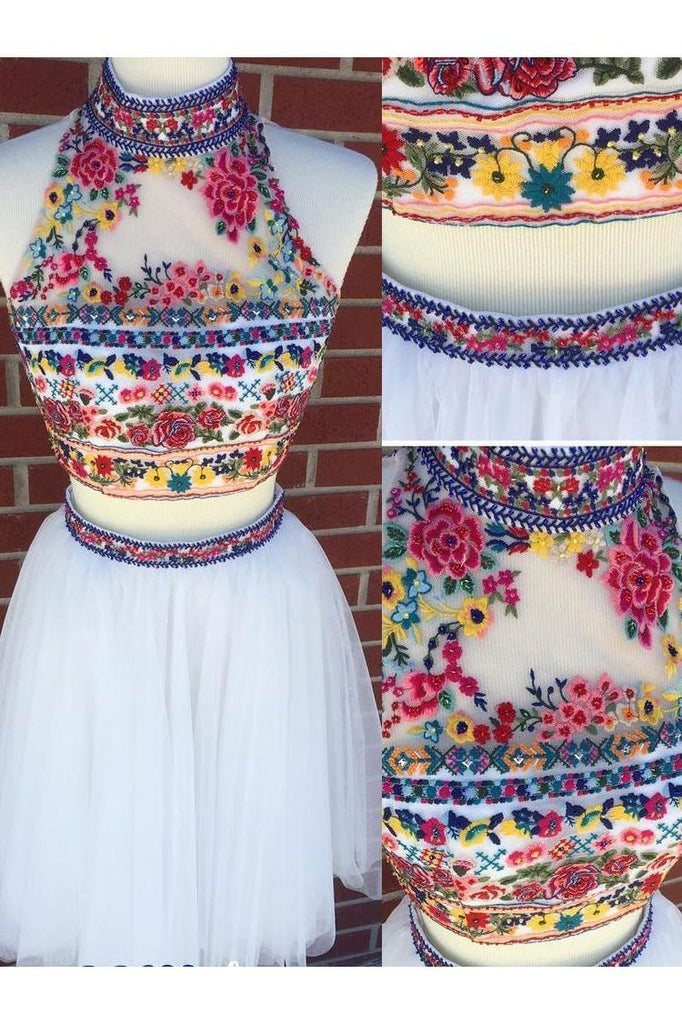 White Two Piece Embroidery High Neck Graduation Dresses, Tulle Homecom cherishgirls White Two Piece Embroidery High Neck Graduation Dresses, Tulle Homecom cherishgirls