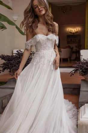 A-line Off Shoulder Beach Wedding Dress with Lace, Boho Wedding Dresses with Belt N2077