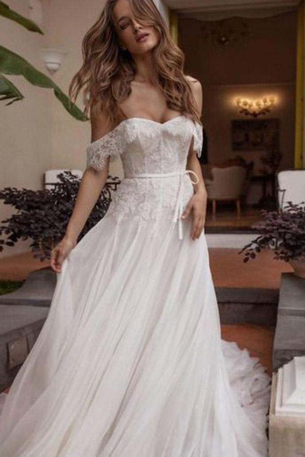 A-line Off Shoulder Beach Wedding Dress with Lace, Boho Wedding Dresse cherishgirls A-line Off Shoulder Beach Wedding Dress with Lace, Boho Wedding Dresse cherishgirls