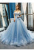 Light Sky Blue Off the Shoulder Ball Gown Tulle Prom Dress with Applique UQ2106