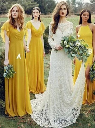 Flowy Yellow Long Chiffon Cheap Floor Length Bridesmaid Dress, A Line Yellow Prom Dress UQ2368
