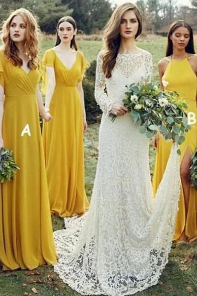 Flowy Yellow Long Chiffon Cheap Floor Length Bridesmaid Dress, A Line Yellow Prom Dress N2368