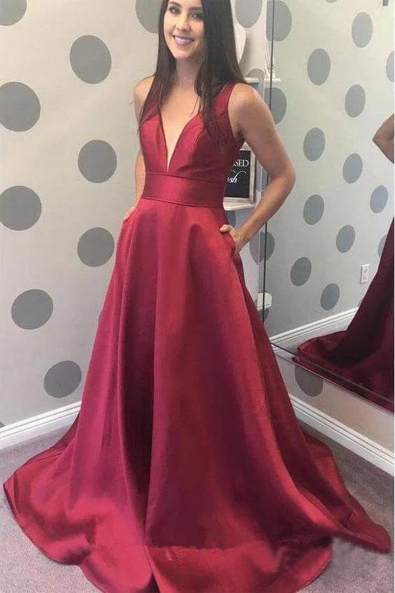 Simple A-line V-neck Satin Long Cheap Red Puffy Prom Dresses with Pocket UQ2034