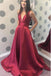 Simple A-line V-neck Satin Long Cheap Red Puffy Prom Dresses with Pocket UQ2034
