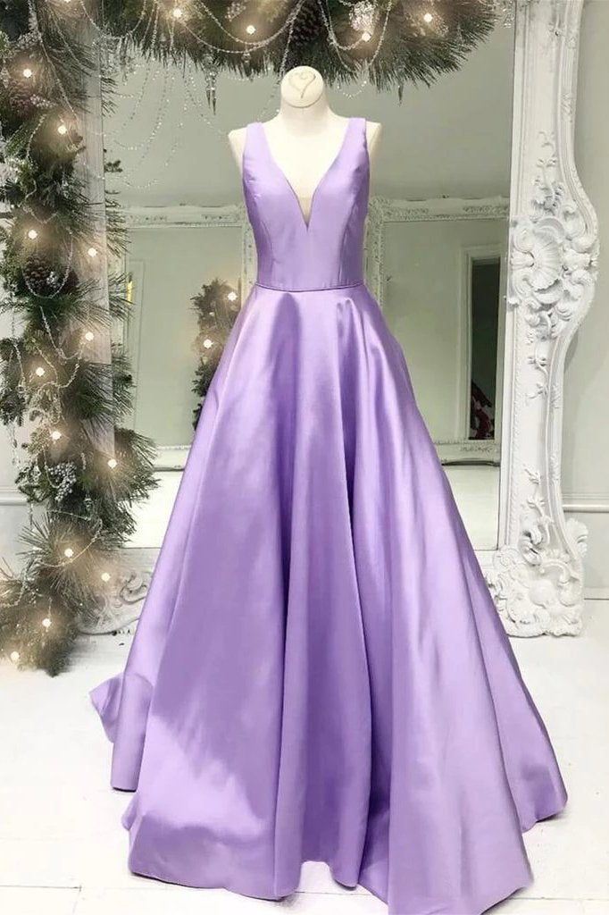 Simple A-line V-neck Satin Long Cheap Red Puffy Prom Dresses with Pocket UQ2034