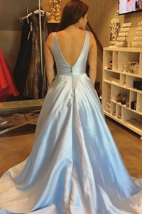 Simple A-line V-neck Satin Long Cheap Red Puffy Prom Dresses with Pocket UQ2034