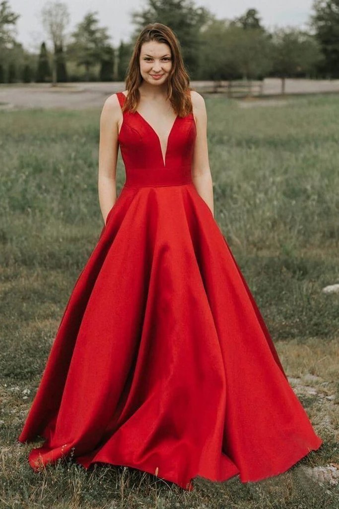 Simple A-line V-neck Satin Long Cheap Red Puffy Prom Dresses with Pocket UQ2034 Simple A-line V-neck Satin Long Cheap Red Puffy Prom Dresses with Pocket UQ2034