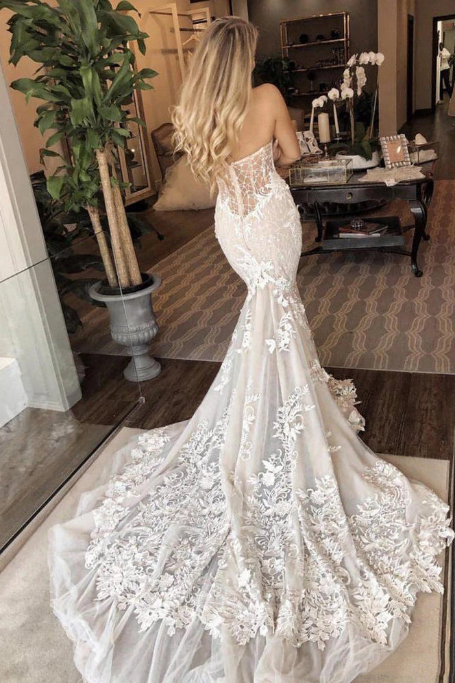 Sweetheart Fancy Long Wedding Dresses, Strapless Mermaid Lace Wedding Dresses With Sweep Train CHW0036 Sweetheart Fancy Long Wedding Dresses, Strapless Mermaid Lace Wedding Dresses With Sweep Train CHW0036